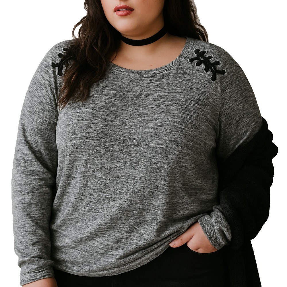Olivia Blu Womens 2X Gray Knit Lace-Up Shoulder Top Long Sleeve Grunge Cozycore‎
